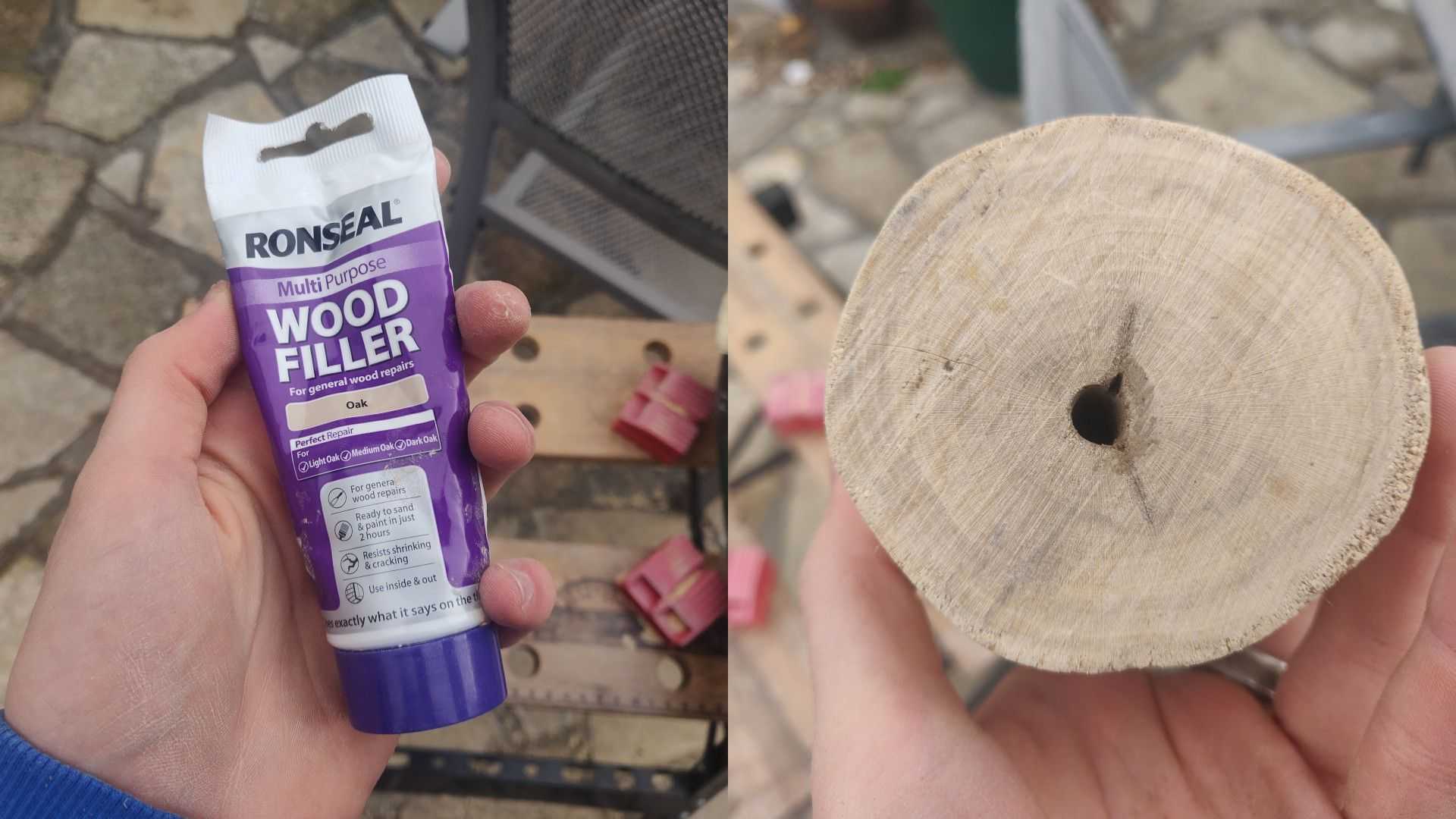 Side by side is the Ronseal wood filler tube and the freshly-cleaned cavity it will fill.